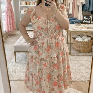 Floral Tie-Waist Ruffle Mini Dress - Beige with Coral Floral